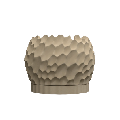 Pot décoratif taupe avec surface gravée en relief imitant des vagues, forme ronde et base plate.