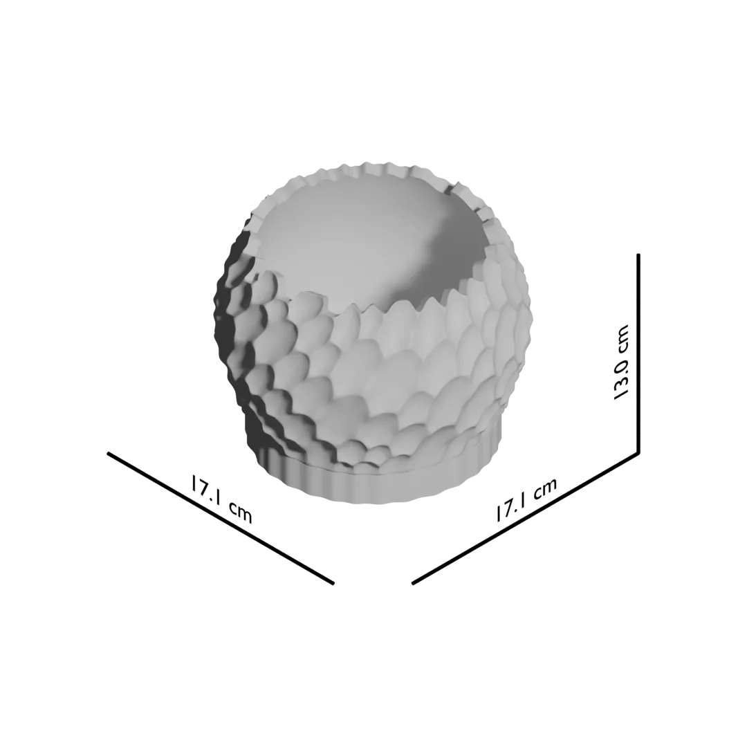 Pot décoratif rond blanc avec surface texturée en relief imitant des écailles, style moderne et minimaliste.