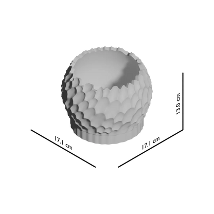 Pot décoratif rond blanc avec surface texturée en relief imitant des écailles, style moderne et minimaliste.