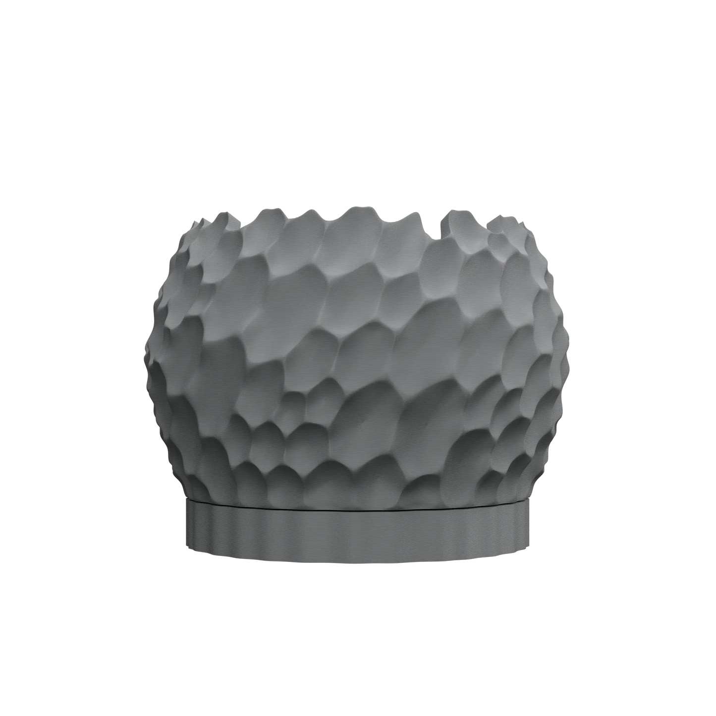 Pot décoratif gris anthracite avec surface texturée en relief imitant une structure ondulée, base lisse et circulaire,.