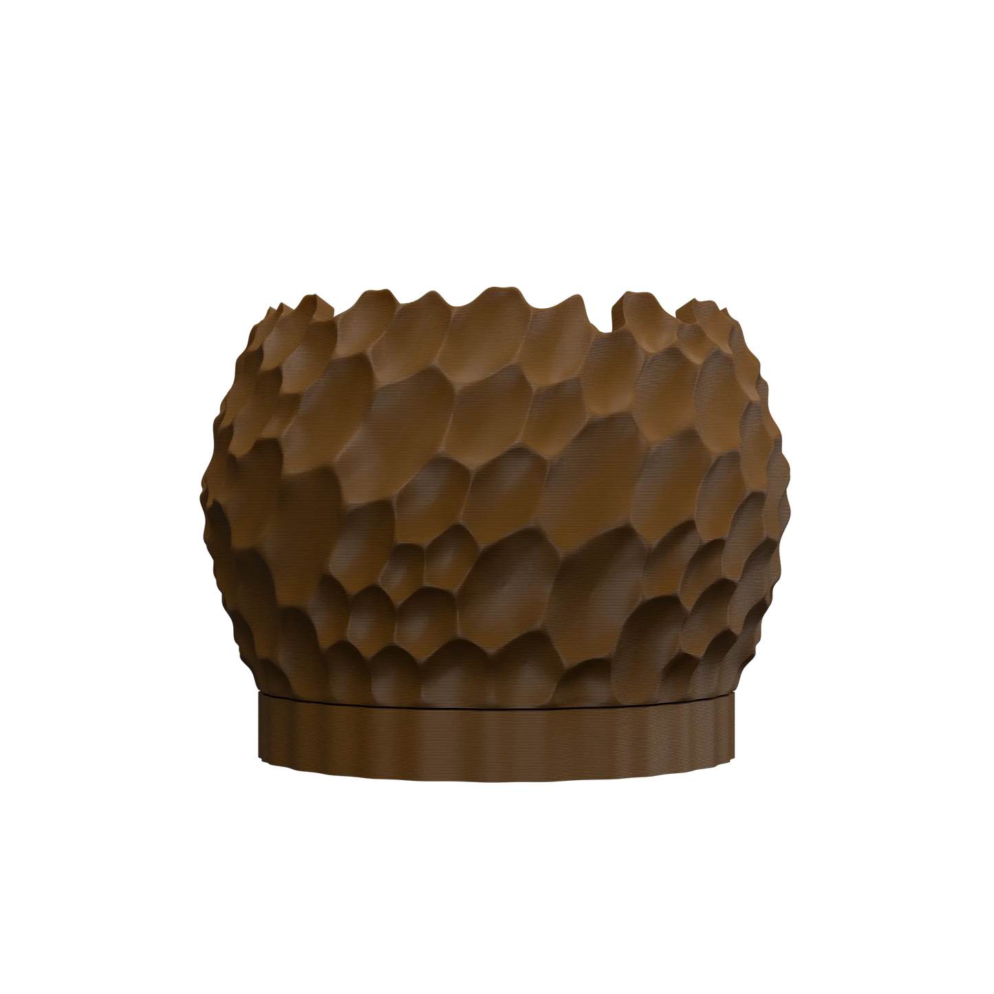 Pot décoratif marron en résine avec texture sculptée en motifs hexagonaux irréguliers, base circulaire lisse.