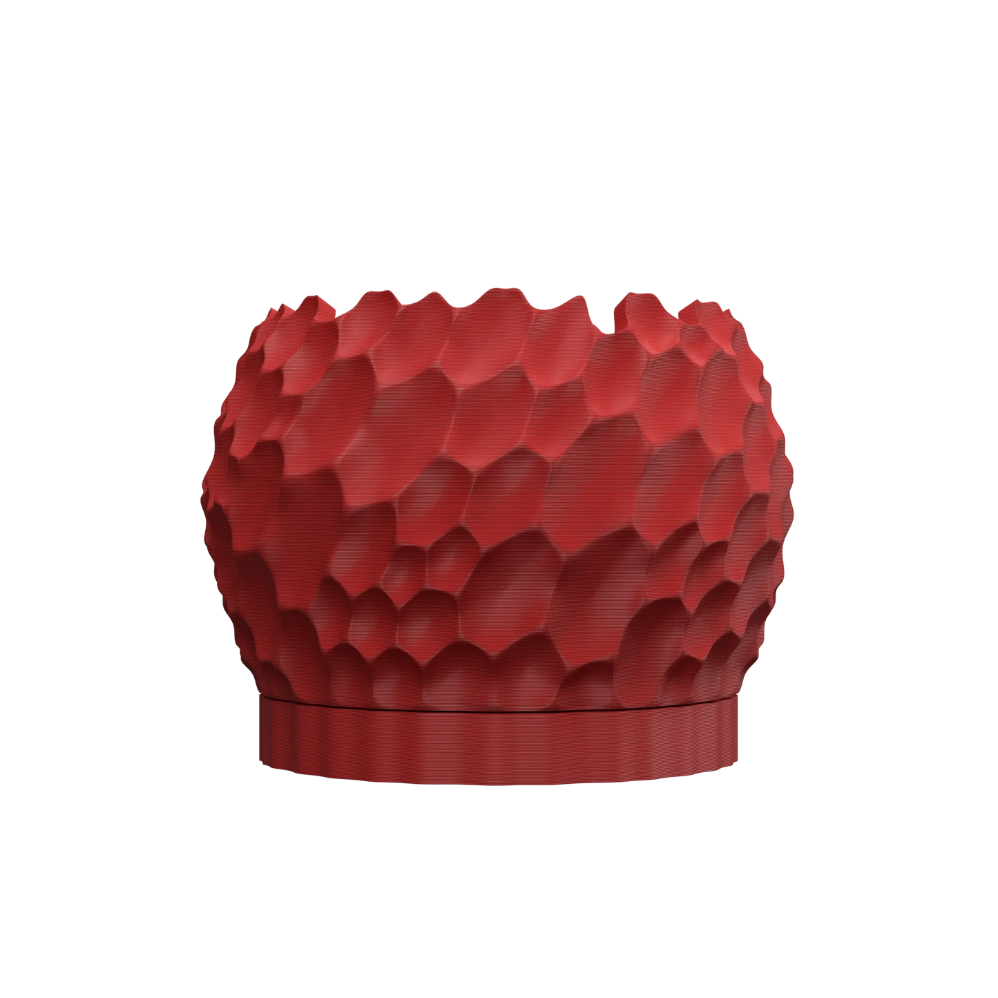 Pot décoratif rouge texturé en relief avec motif en forme d’écailles, base arrondie large et finition mate.