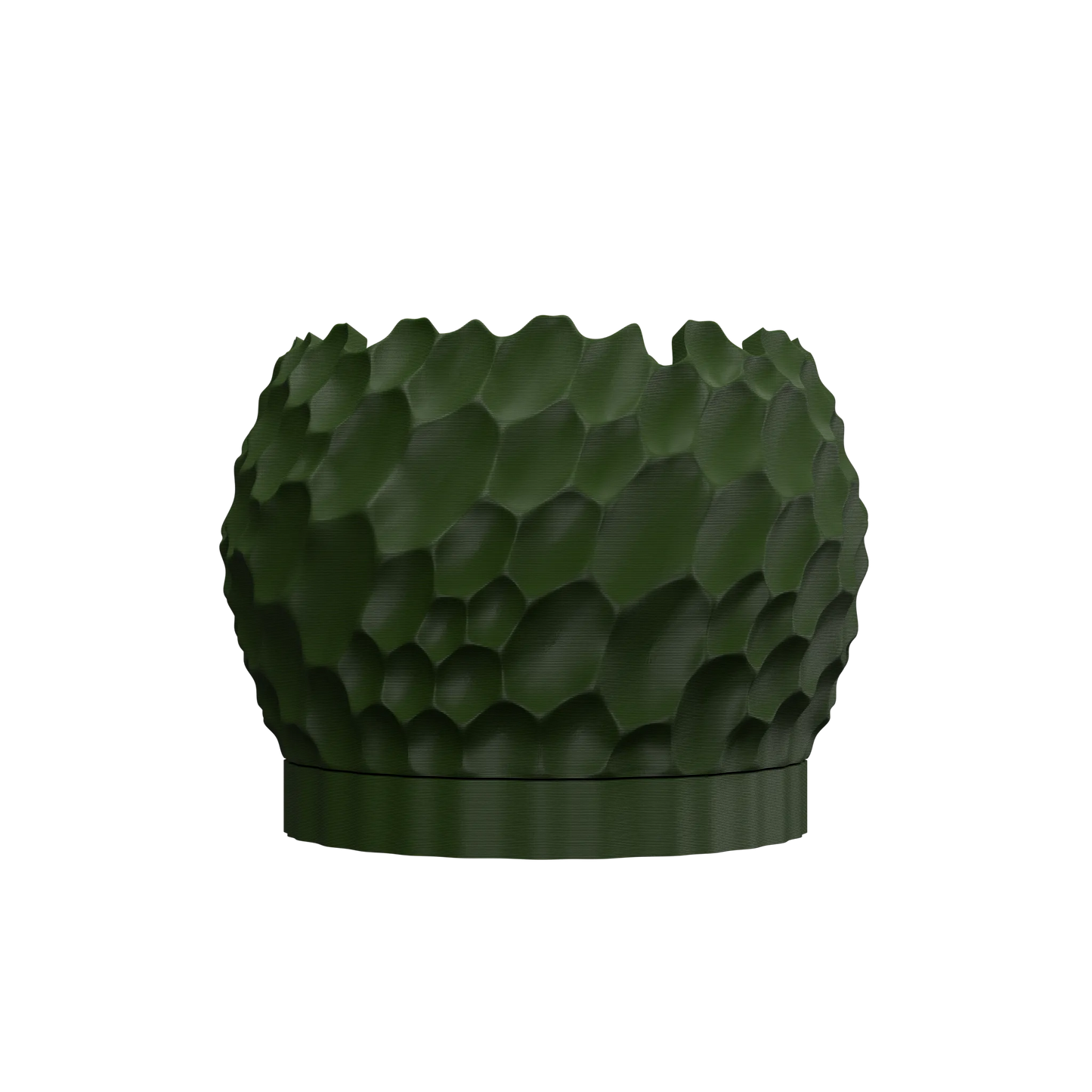 Pot décoratif vert foncé avec texture relief en forme d'écailles, base ronde lisse, style moderne.