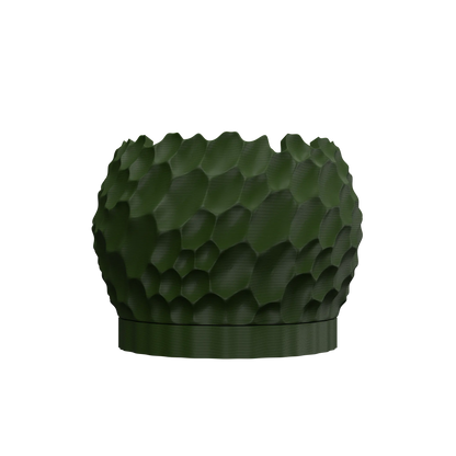 Pot décoratif vert foncé avec texture relief en forme d'écailles, base ronde lisse, style moderne.