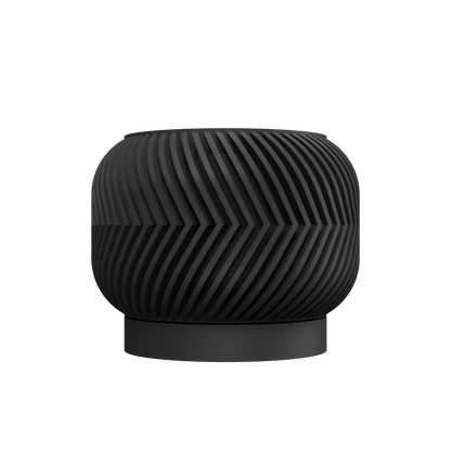 Pot décoratif noir mat avec surface texturée en spirale et base large pour stabilité, style moderne.