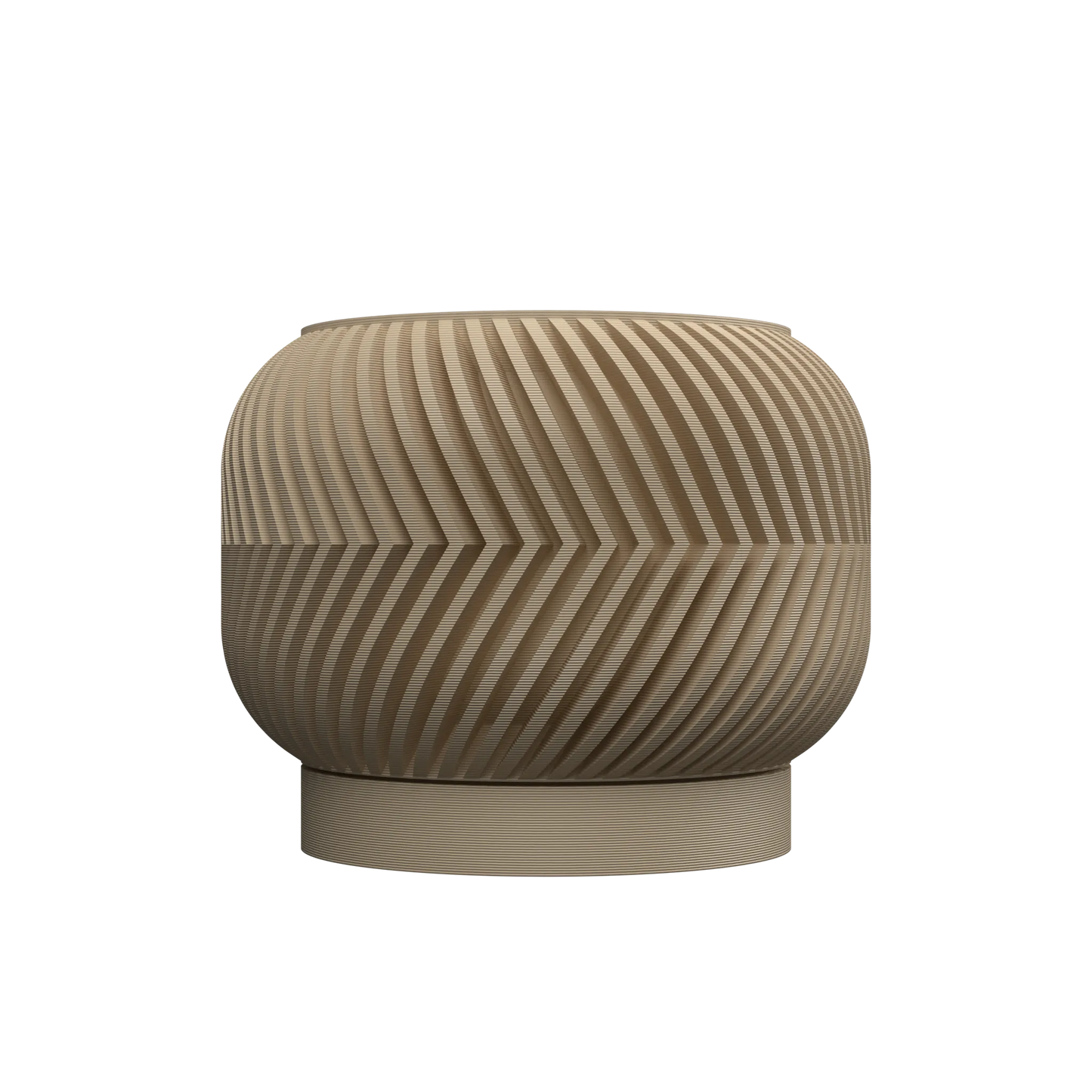 Pot décoratif rond en bois clair avec motifs géométriques en spirale et base plate légèrement évasée.