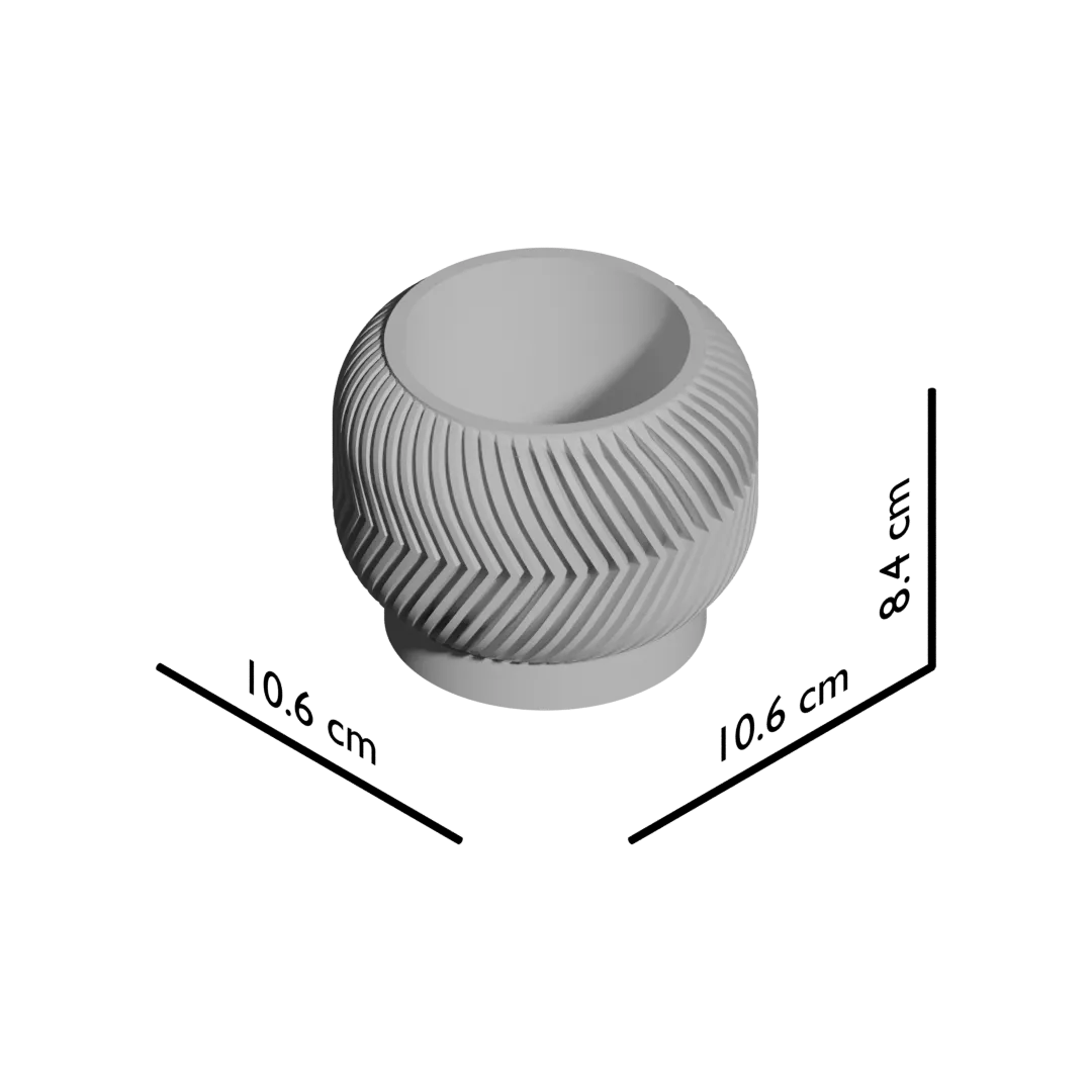Pot décoratif rond gris clair avec motifs géométriques en relief et base circulaire légèrement surélevée.