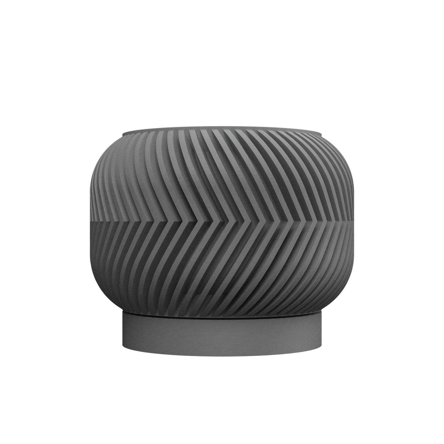 Pot décoratif gris foncé en matériau moderne avec surface texturée en spirale et base circulaire légèrement surélevée.