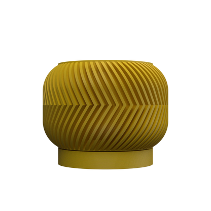Pot décoratif jaune moutarde en plastique avec surface texturée à motifs ondulés, forme ronde et base épaisse.