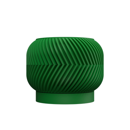 Pot décoratif vert foncé avec surface ondulée en texture moderne, forme arrondie et base légèrement évasée.