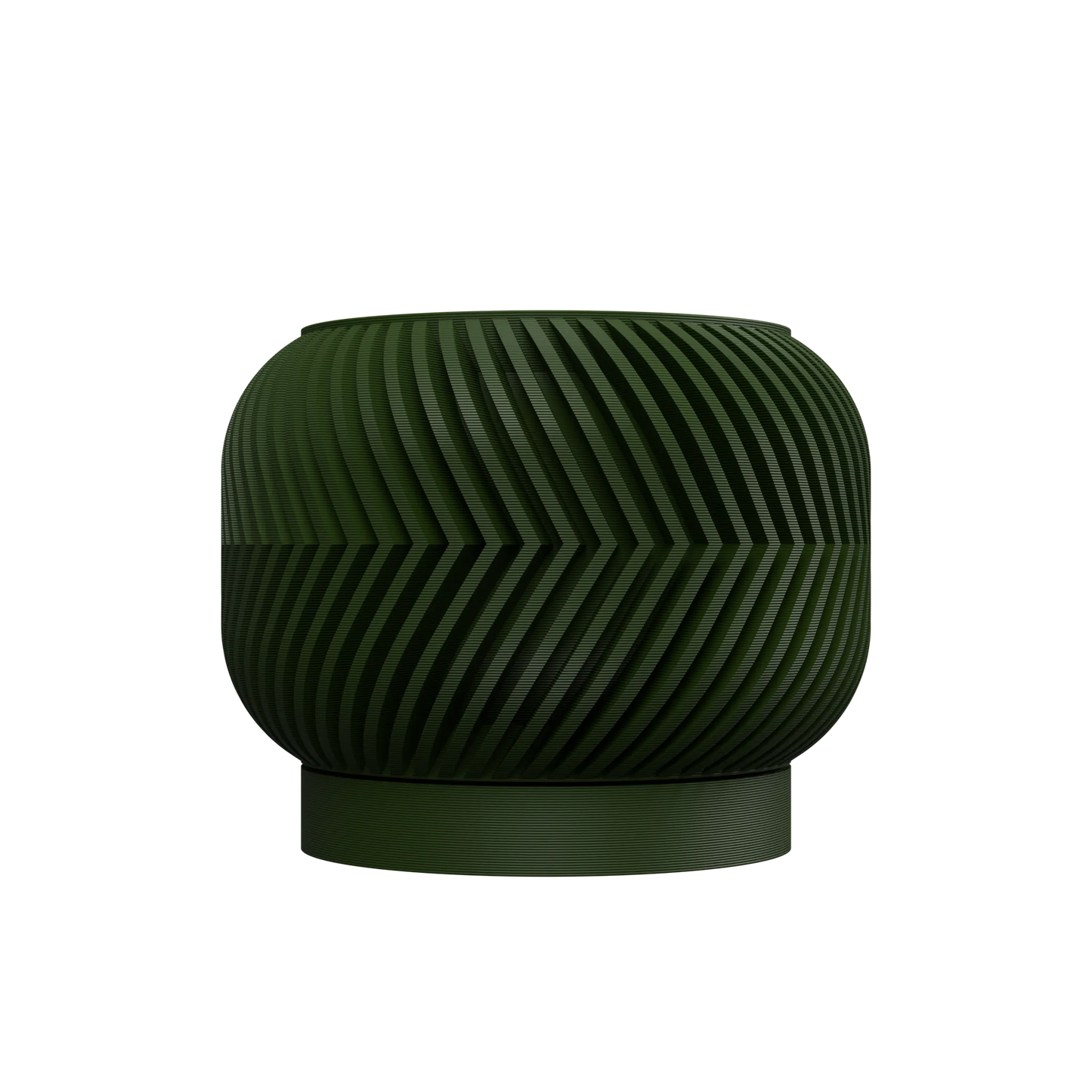 Pot décoratif vert foncé avec texture rainurée en spirale et forme arrondie sur base circulaire.