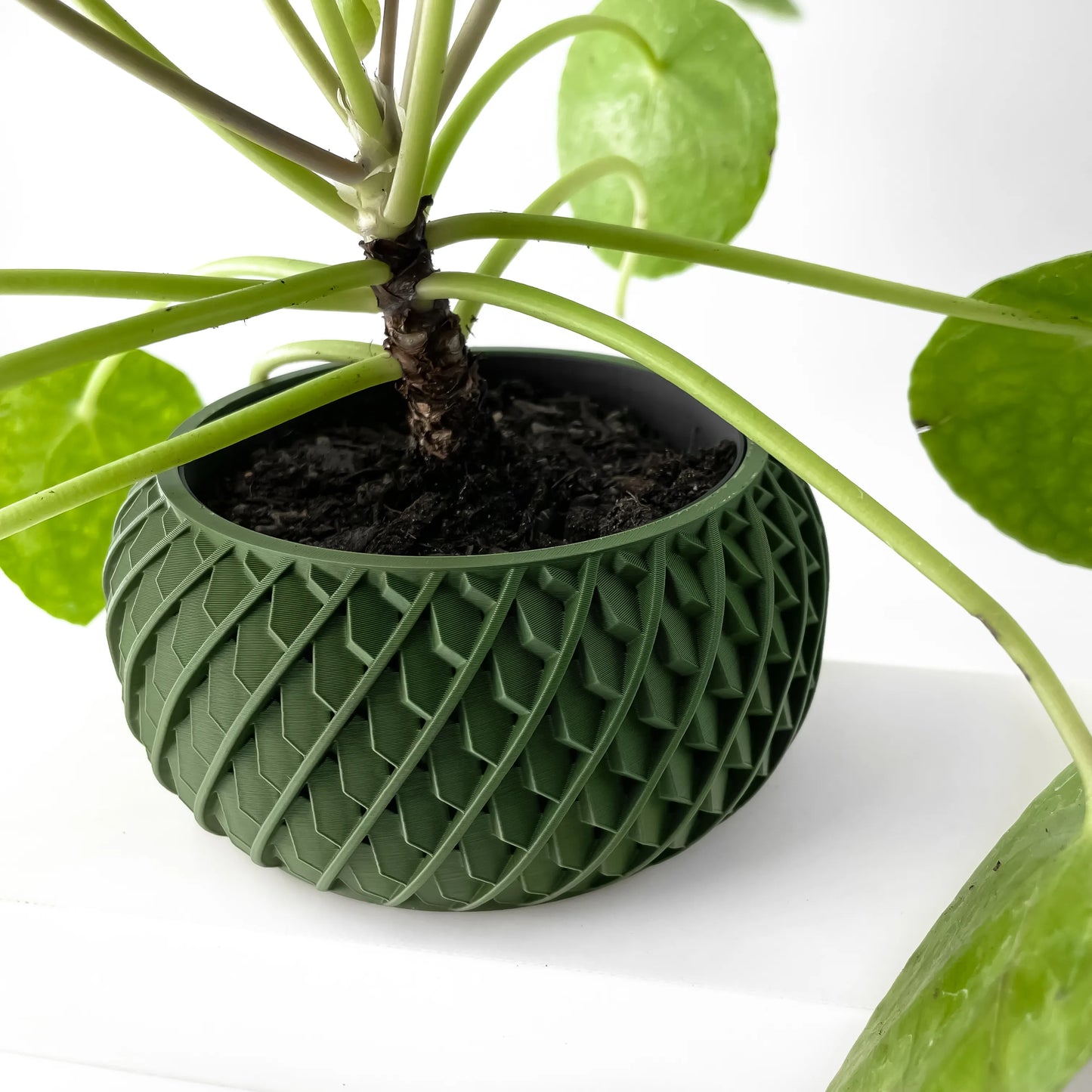 Pot décoratif Evlar vert forêt avec motifs géométriques en relief, design durable et contemporain en plastique robuste.