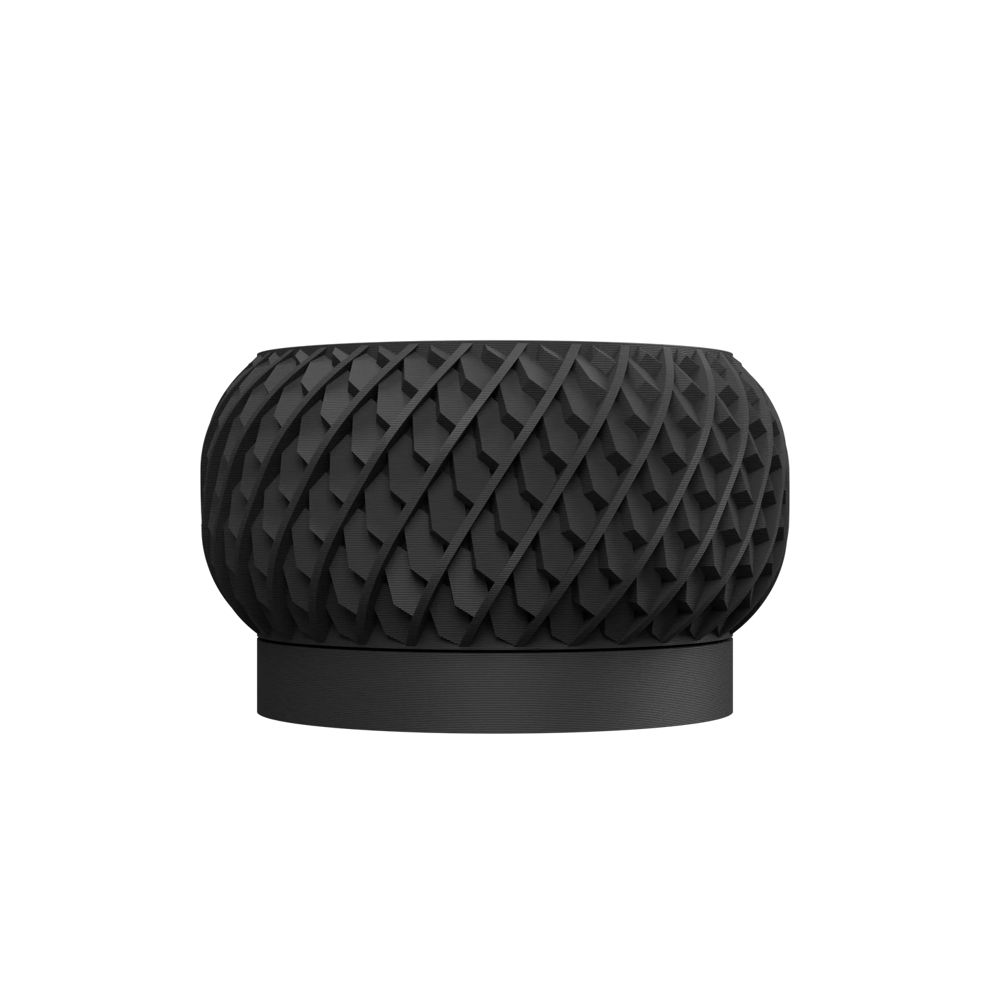 Pot décoratif noir mat en résine avec surface texturée en relief formant un motif de losanges entrelacés, base plate lisse,.