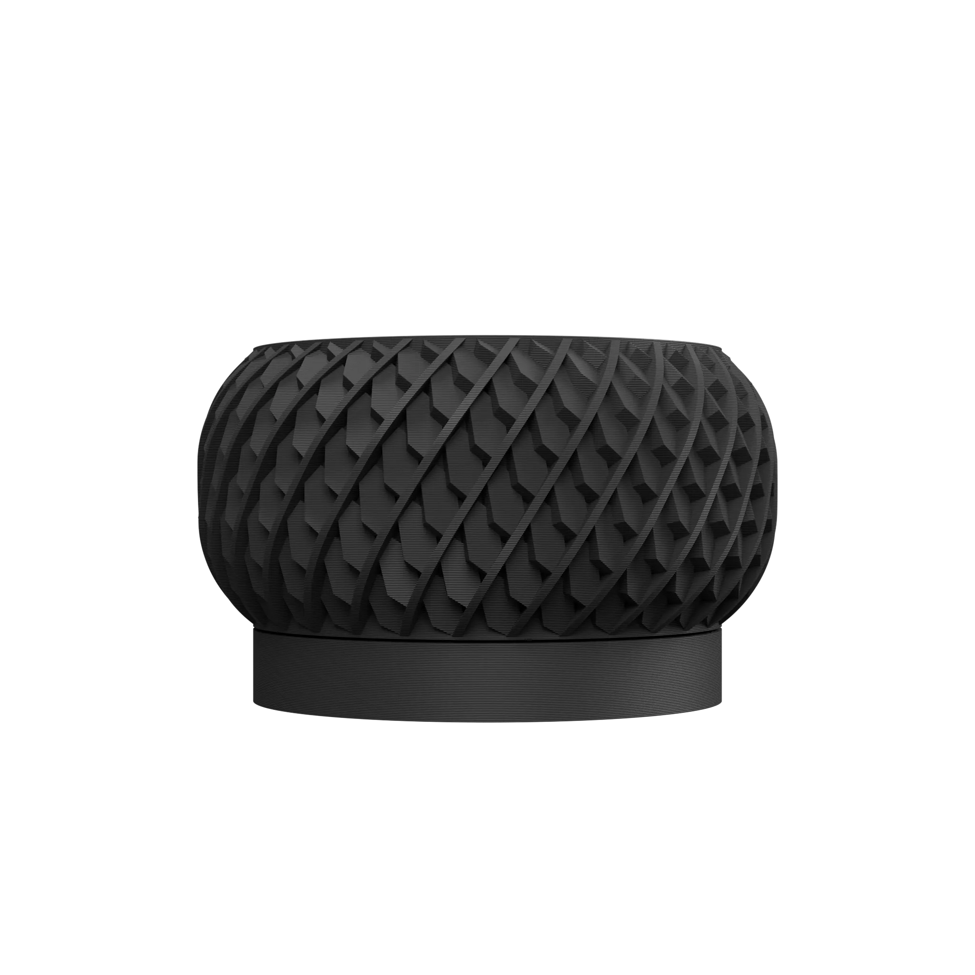 Pot décoratif noir mat en résine avec surface texturée en relief formant un motif de losanges entrelacés, base plate lisse,.