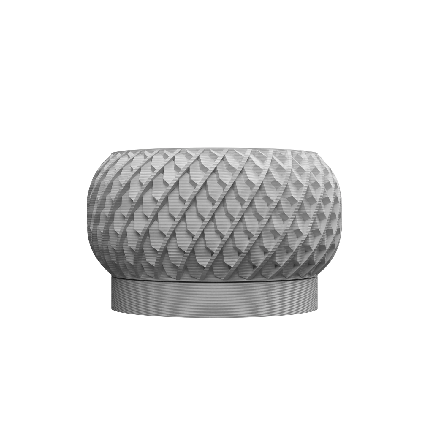 Pot décoratif gris clair avec motif en relief géométrique en forme d’écailles, base plate circulaire, style moderne et.