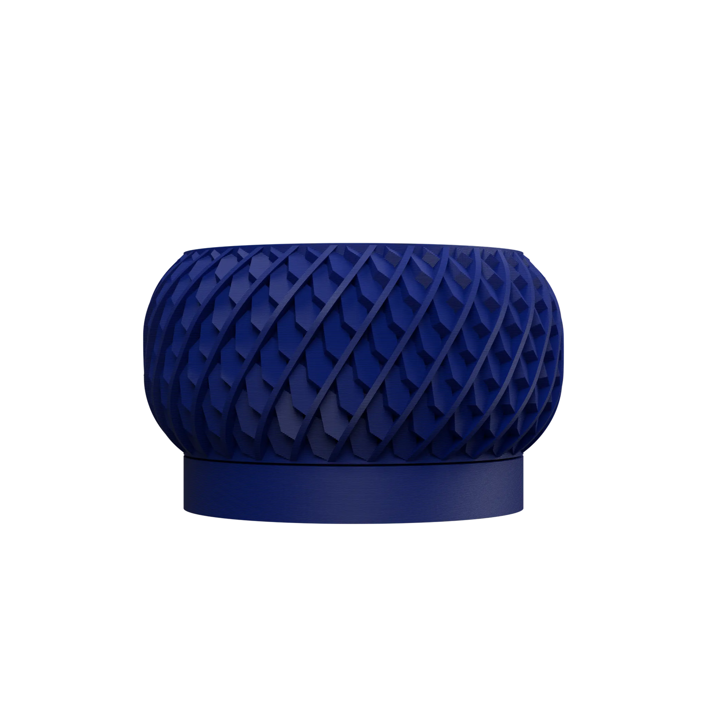 Pot décoratif bleu marine aux formes géométriques entrelacées, finition mate, base cylindrique lisse et solide.