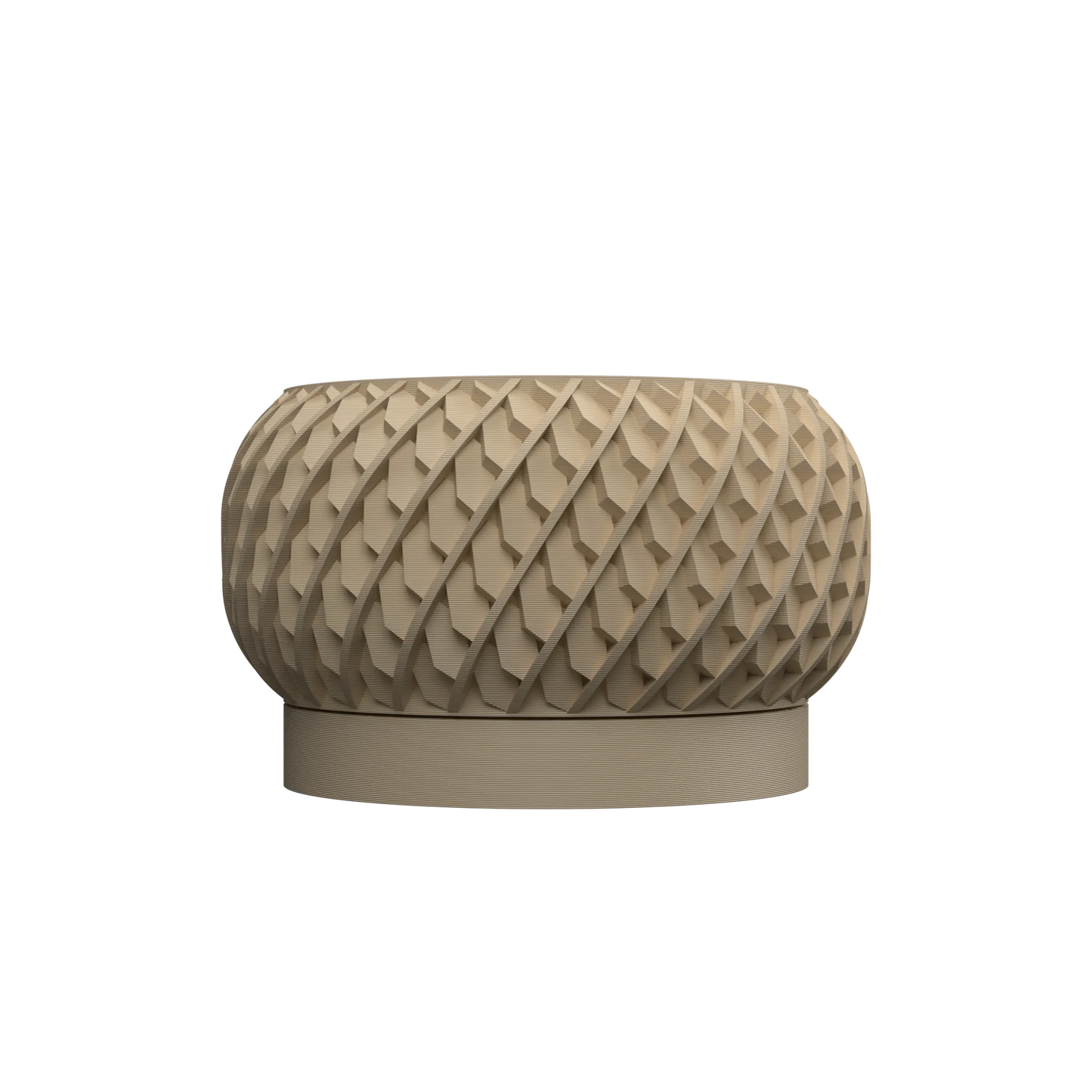 Pot décoratif Evlar beige avec reliefs géométriques en maille tressée, forme ronde et base plate.