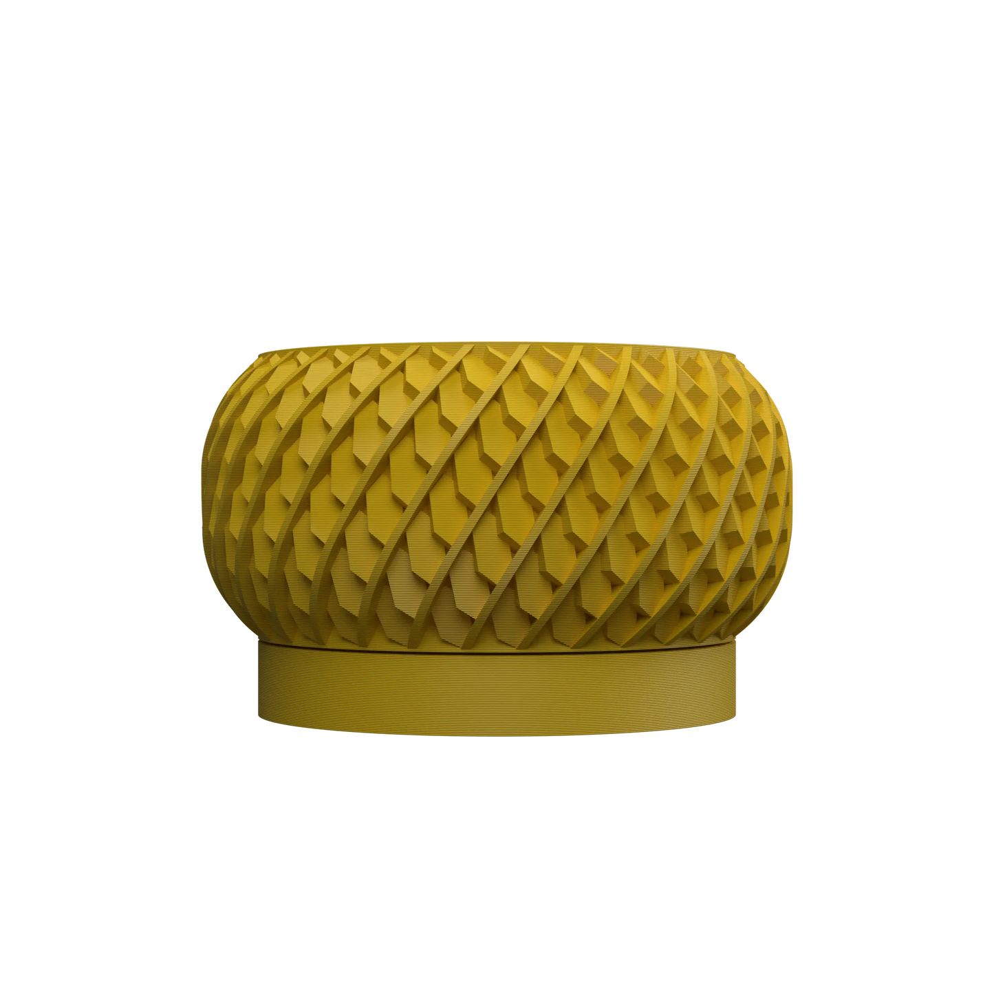 Pot décoratif rond moutarde avec surface en relief géométrique en spirale, base plate lisse.