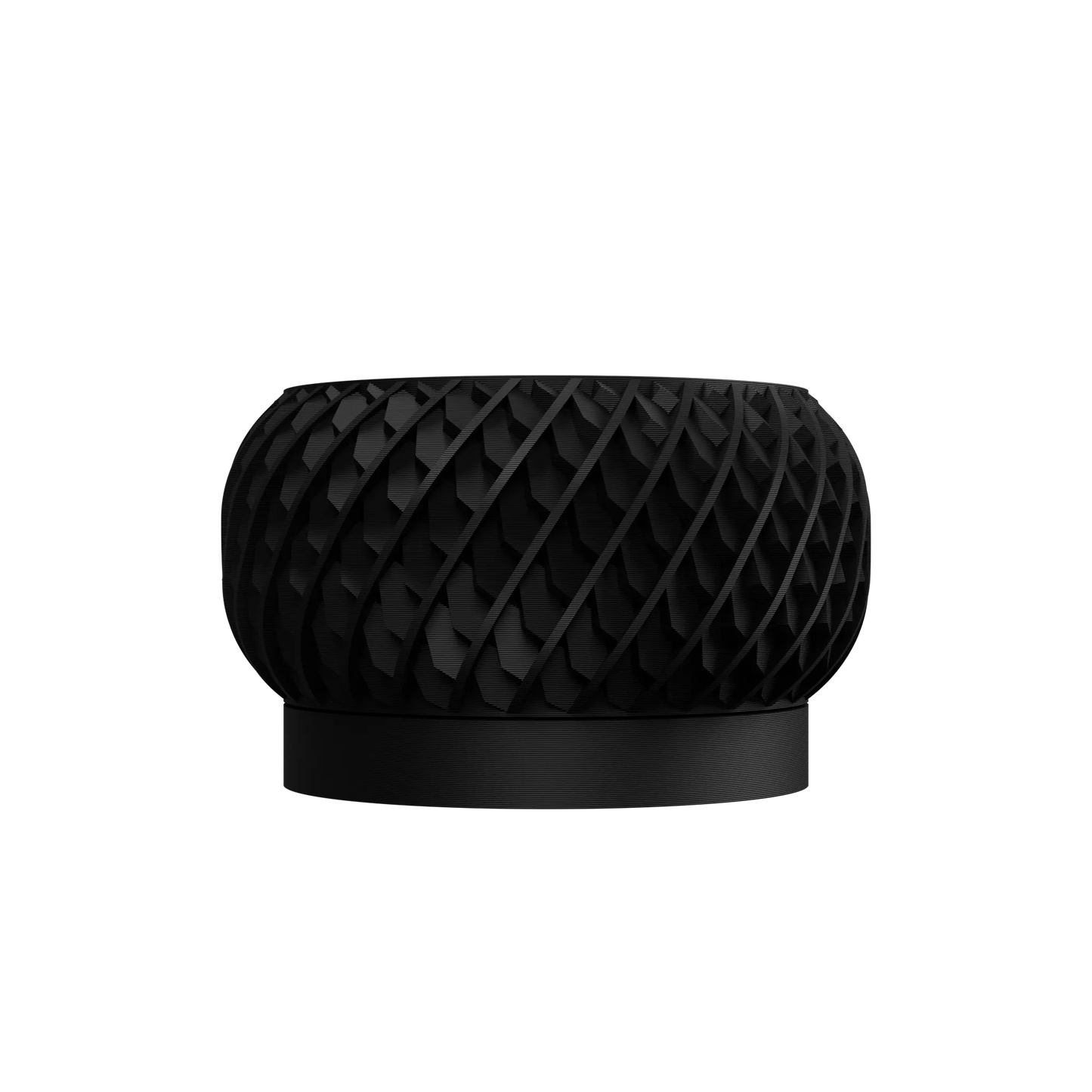 Pot décoratif moderne noir mat avec surface en relief tressé et base lisse circulaire.