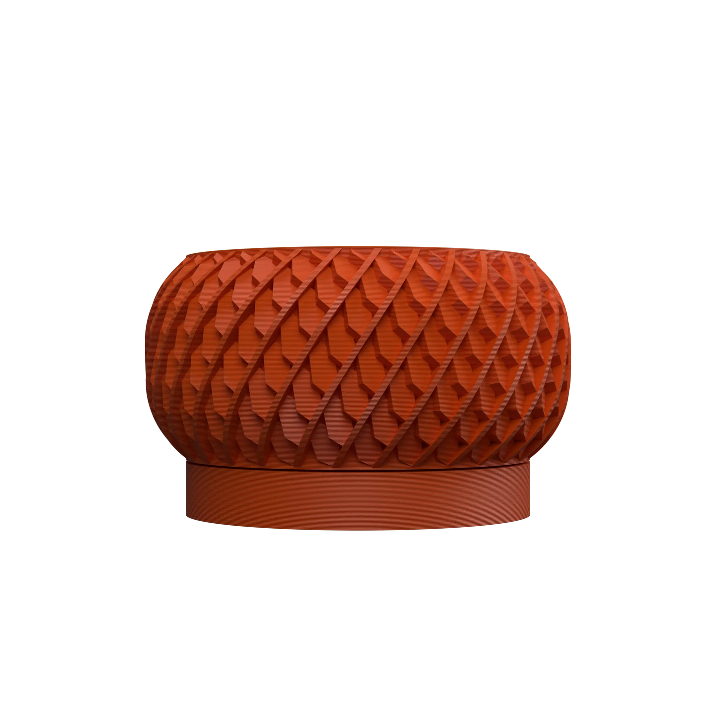 Pot décoratif rond en résine rouge orangé avec surface texturée en losanges en relief et base plate circulaire.