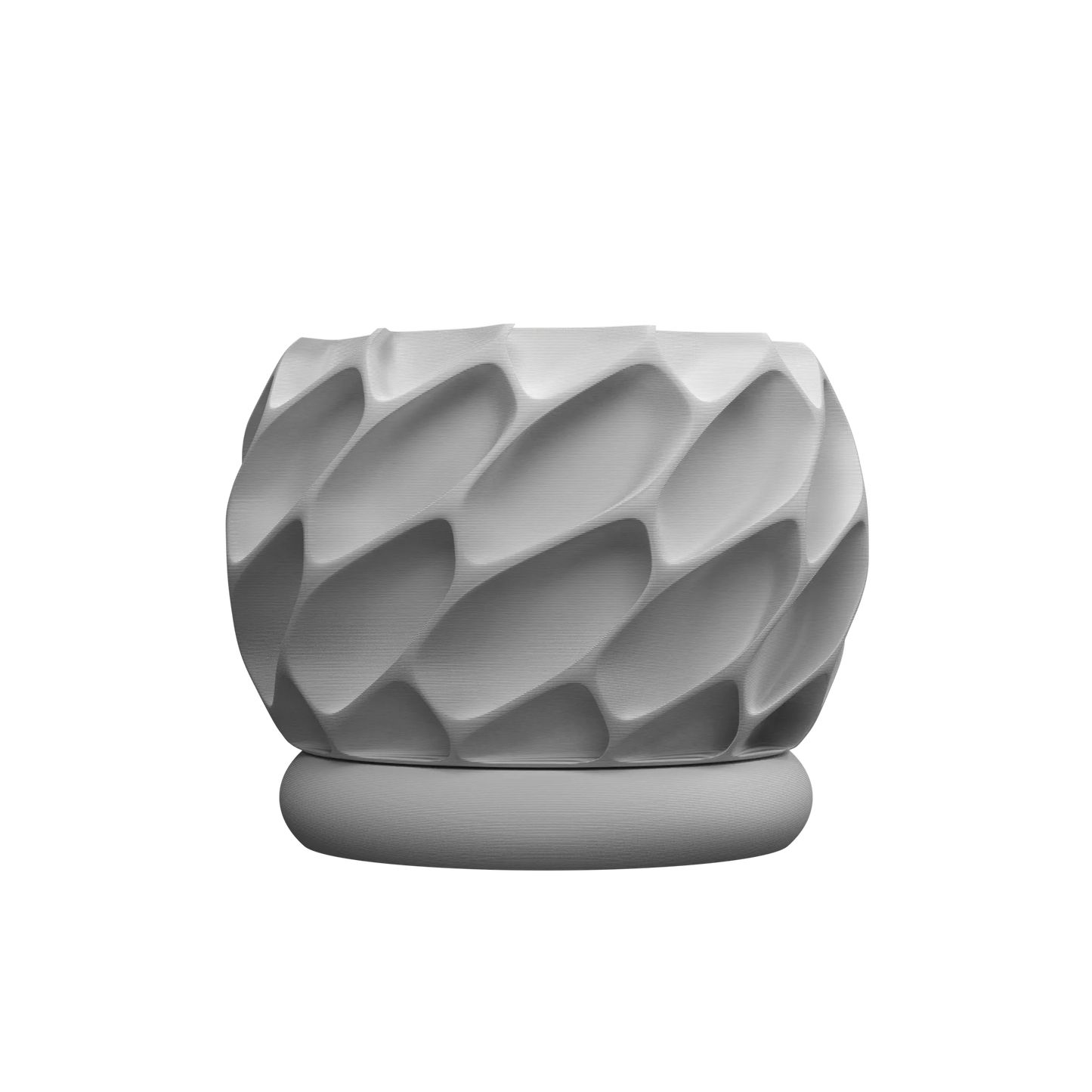 Pot décoratif gris clair mat avec texture géométrique en relief et socle rond assorti.