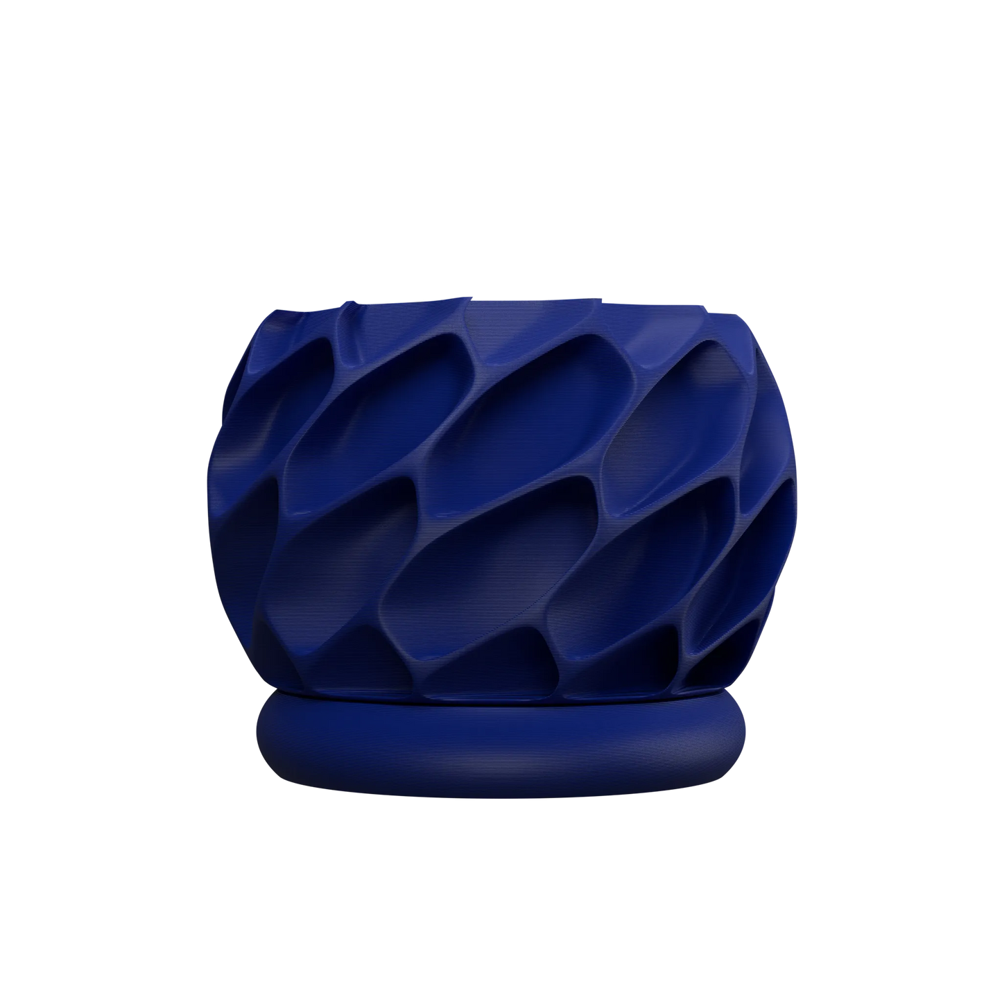 Pot décoratif bleu foncé en matériaux modernes avec motif texturé en relief et base ronde assortie.