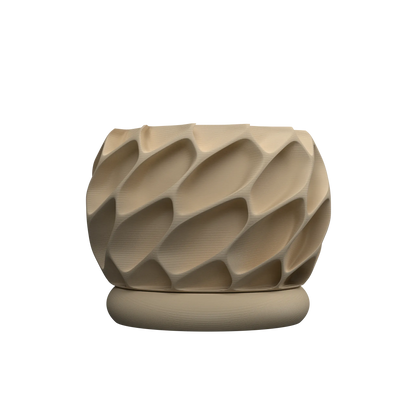 Pot décoratif beige en plastique avec texture en relief ondulée, forme ronde avec socle assorti.