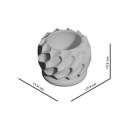 Pot décoratif moderne en plastique blanc avec surface sculptée en spirale texturée et forme cylindrique compacte.