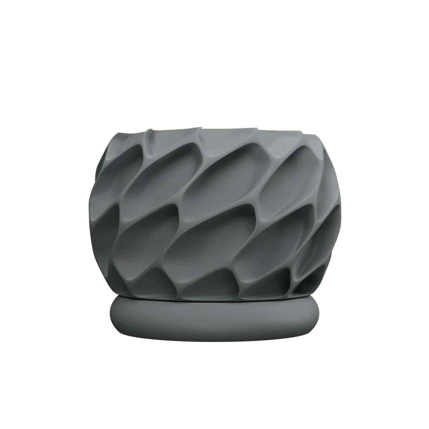 Pot décoratif gris mat avec surface texturée en relief ondulé, forme arrondie et base plate concentrique.