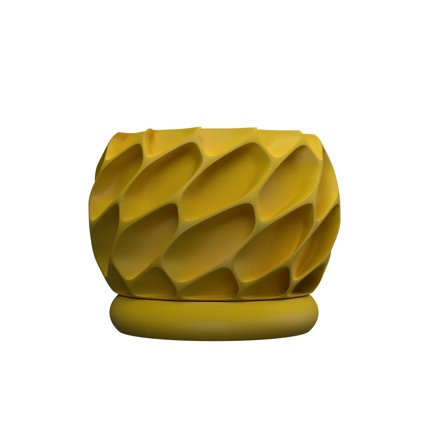 Pot décoratif jaune moutarde en plastique structuré avec motifs en relief géométriques et socle assorti rond.