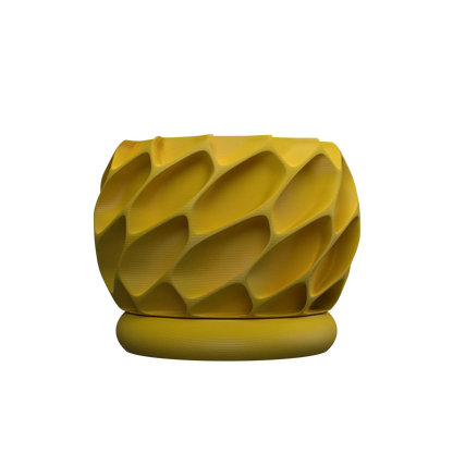 Pot décoratif jaune moutarde en plastique structuré avec motifs en relief géométriques et socle assorti rond.