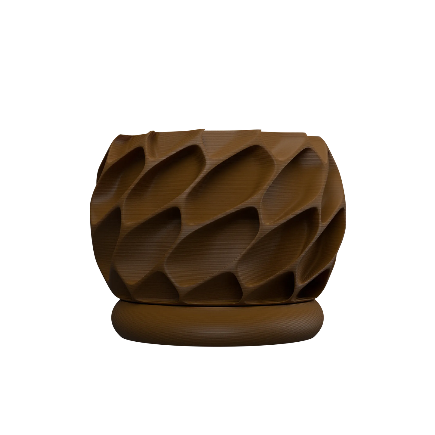 Pot décoratif marron en matière moderne, forme ronde avec surface texturée en relief sculpté et base plate ronde.