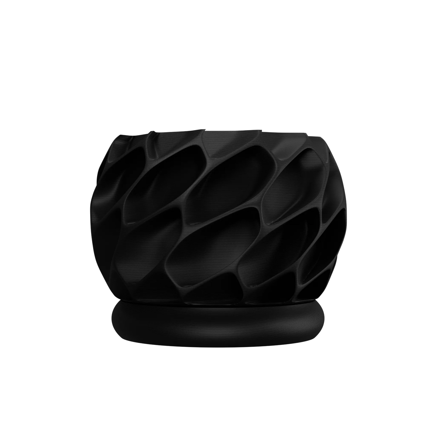 Pot décoratif noir mat avec surface texturée en motifs géométriques creusés, design moderne et épuré.