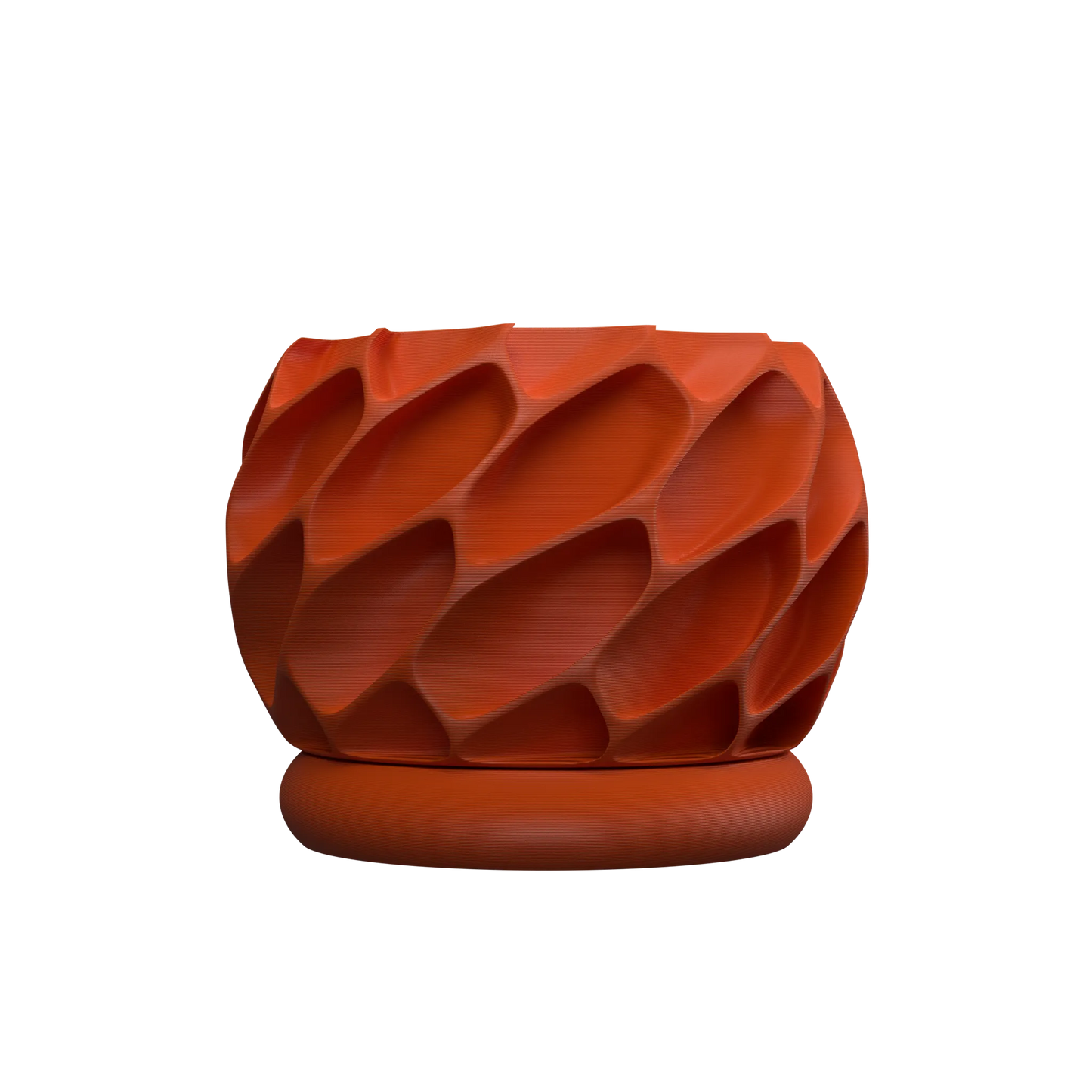 Pot décoratif rond en plastique orange avec surface texturée en motifs tridimensionnels incurvés et soucoupe assortie.