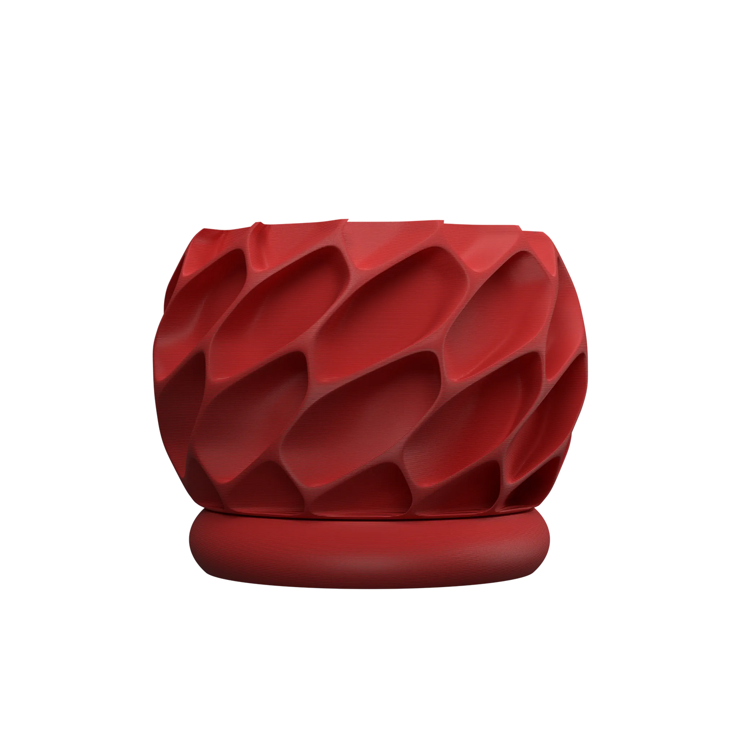 Pot décoratif rouge vif avec surface sculptée en relief ondulé et base ronde assortie.