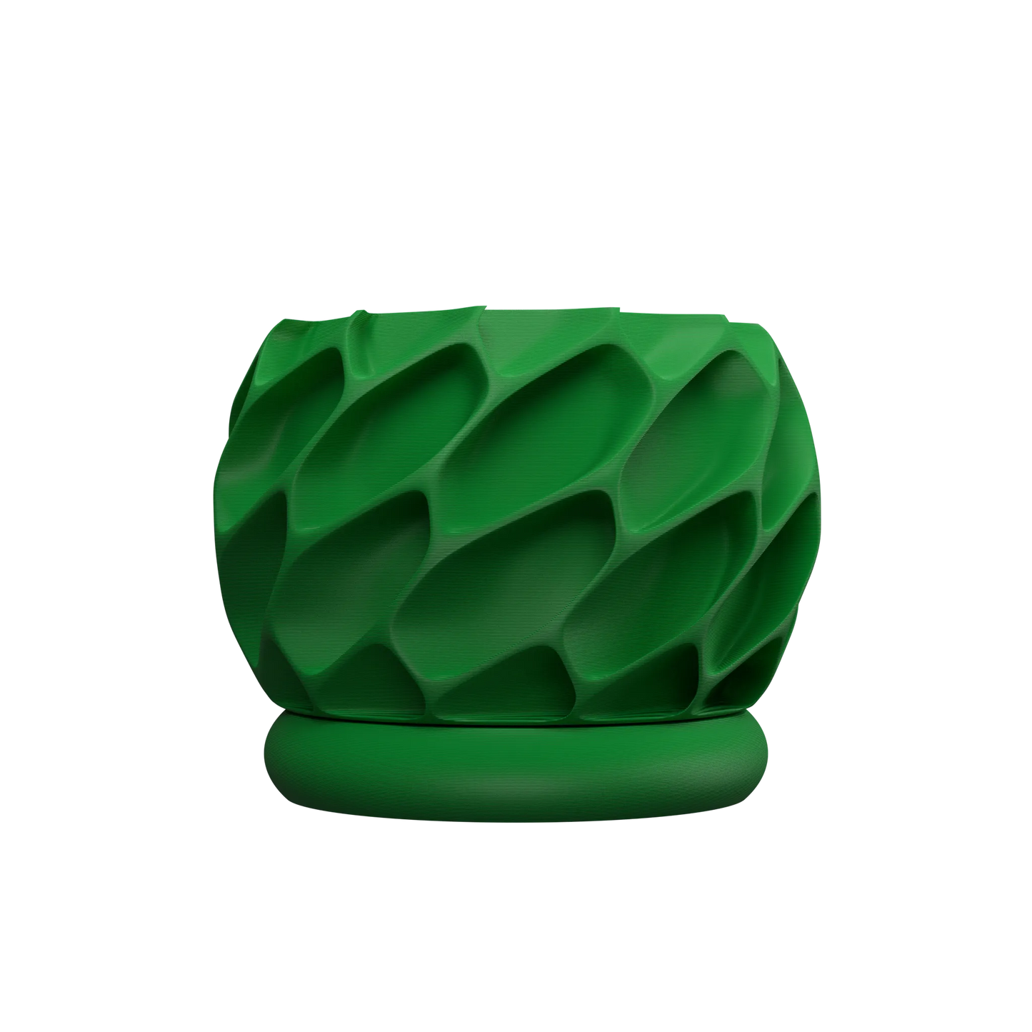 Pot décoratif vert vif en plastique, surface texturée avec motifs organiques en relief, forme ronde moderne sur socle.
