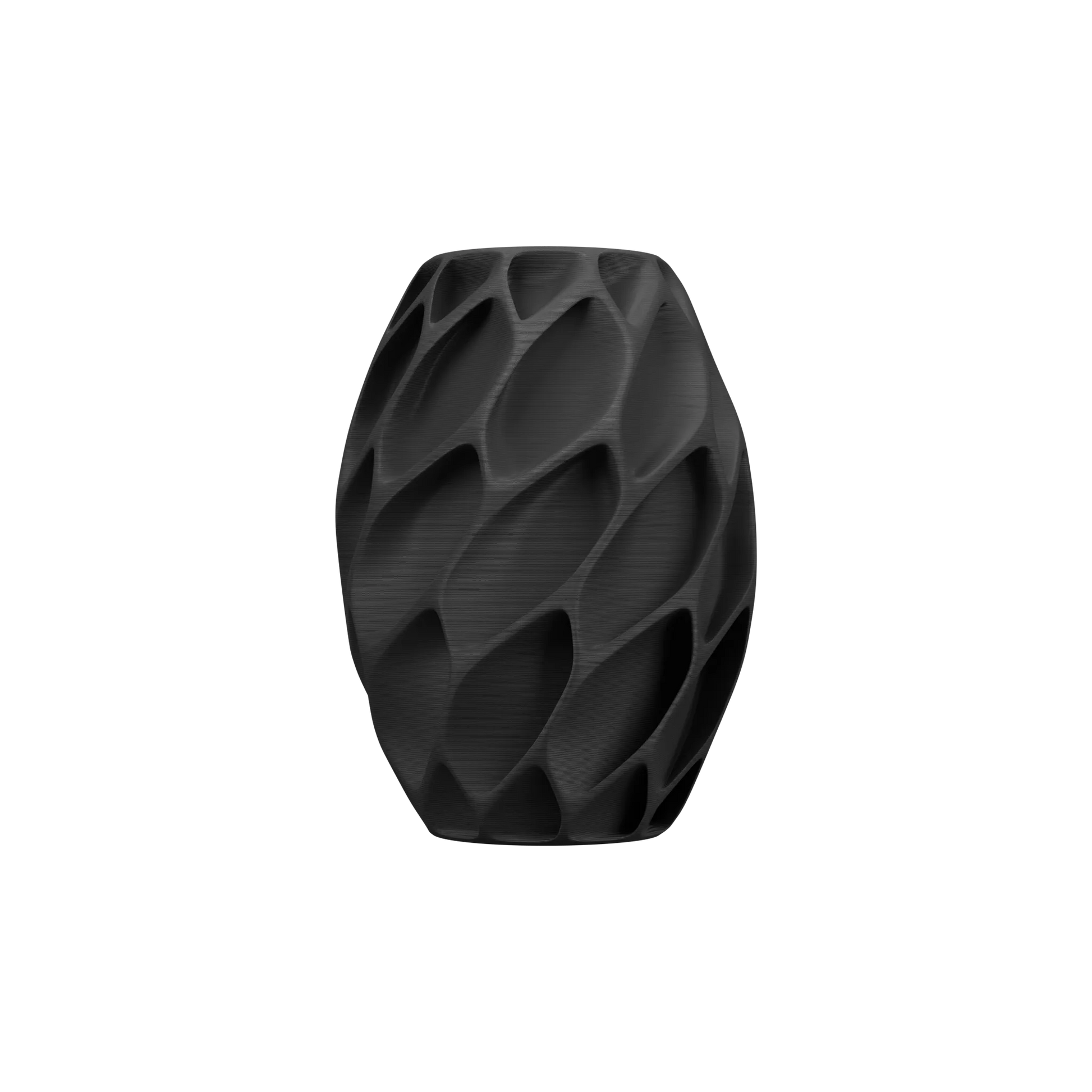 Vase noir mat en forme ovale avec surface texturée en relief rappelant des écailles modernes et géométriques.