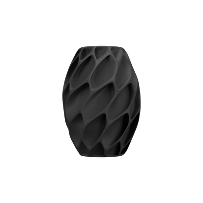 Vase noir mat en forme ovale avec surface texturée en relief rappelant des écailles modernes et géométriques.