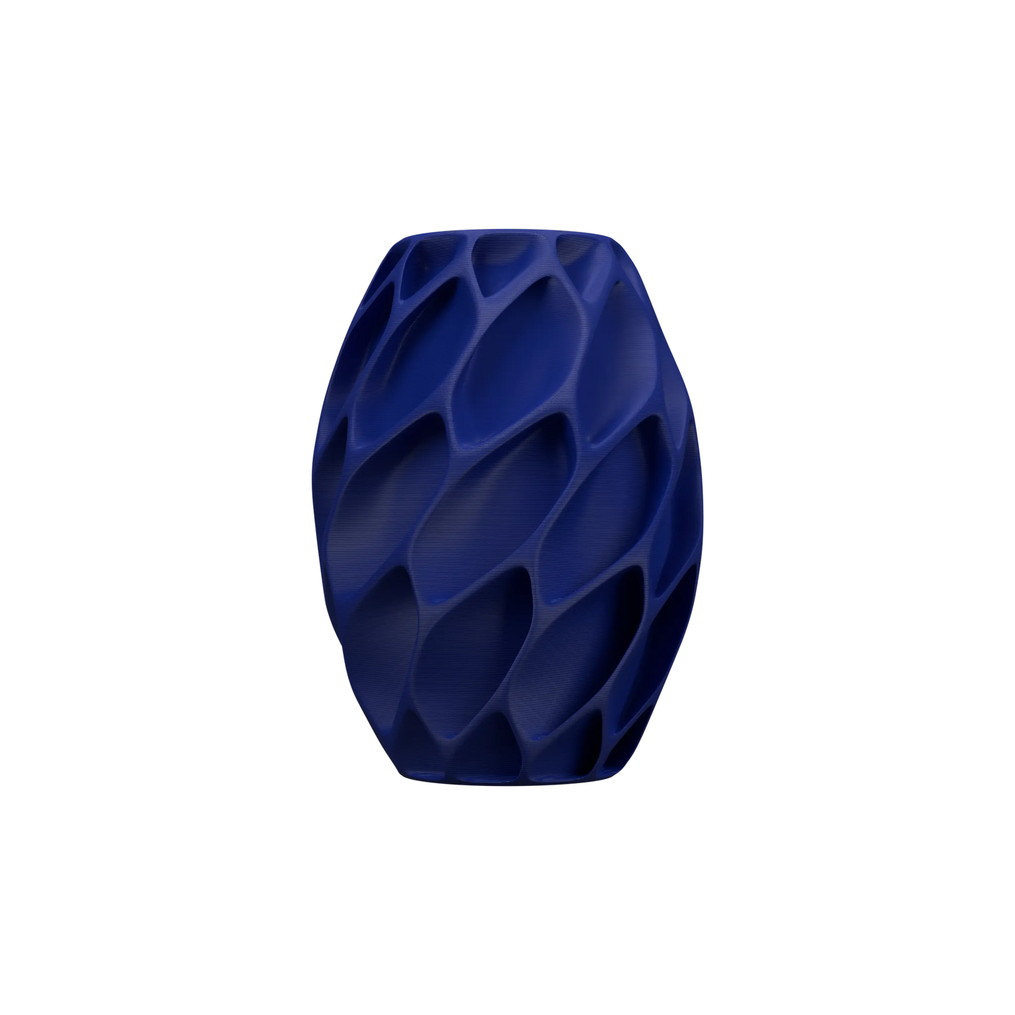 Vase bleu foncé avec surface sculptée en forme de motifs ondulés profonds, silhouette arrondie moderne.