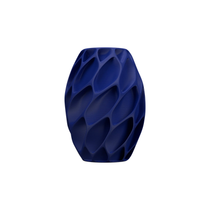 Vase bleu foncé avec surface sculptée en forme de motifs ondulés profonds, silhouette arrondie moderne.