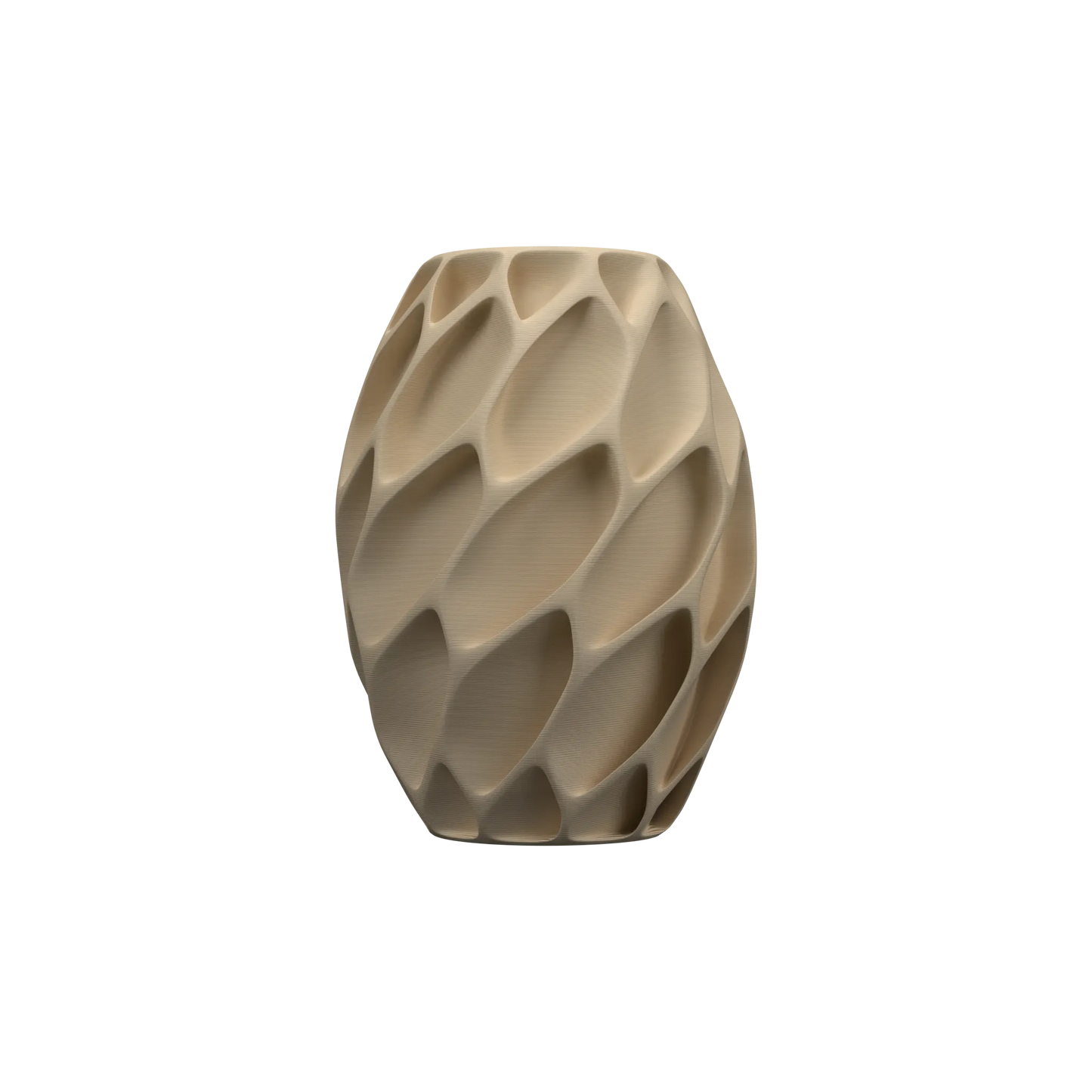 Vase beige mat en forme ovoïde avec motifs géométriques en relief rappelant une écorce, style moderne et design étanche.