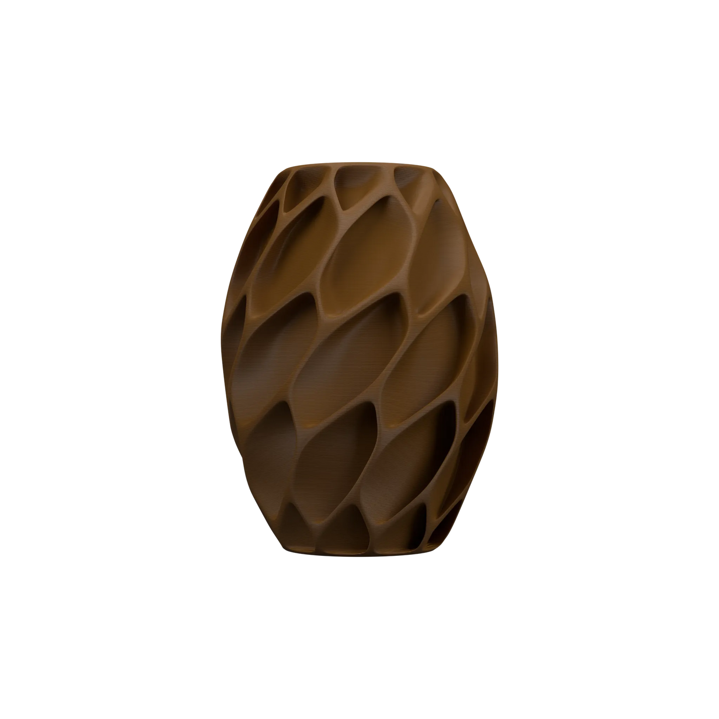 Vase marron aux formes géométriques creusées, design moderne et étanche, finition mate.