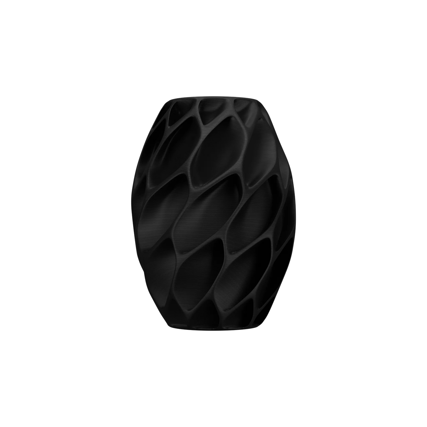 Vase noir mat avec surface sculptée en motifs géométriques ajourés, forme ovale légèrement aplatie, style moderne et robuste.