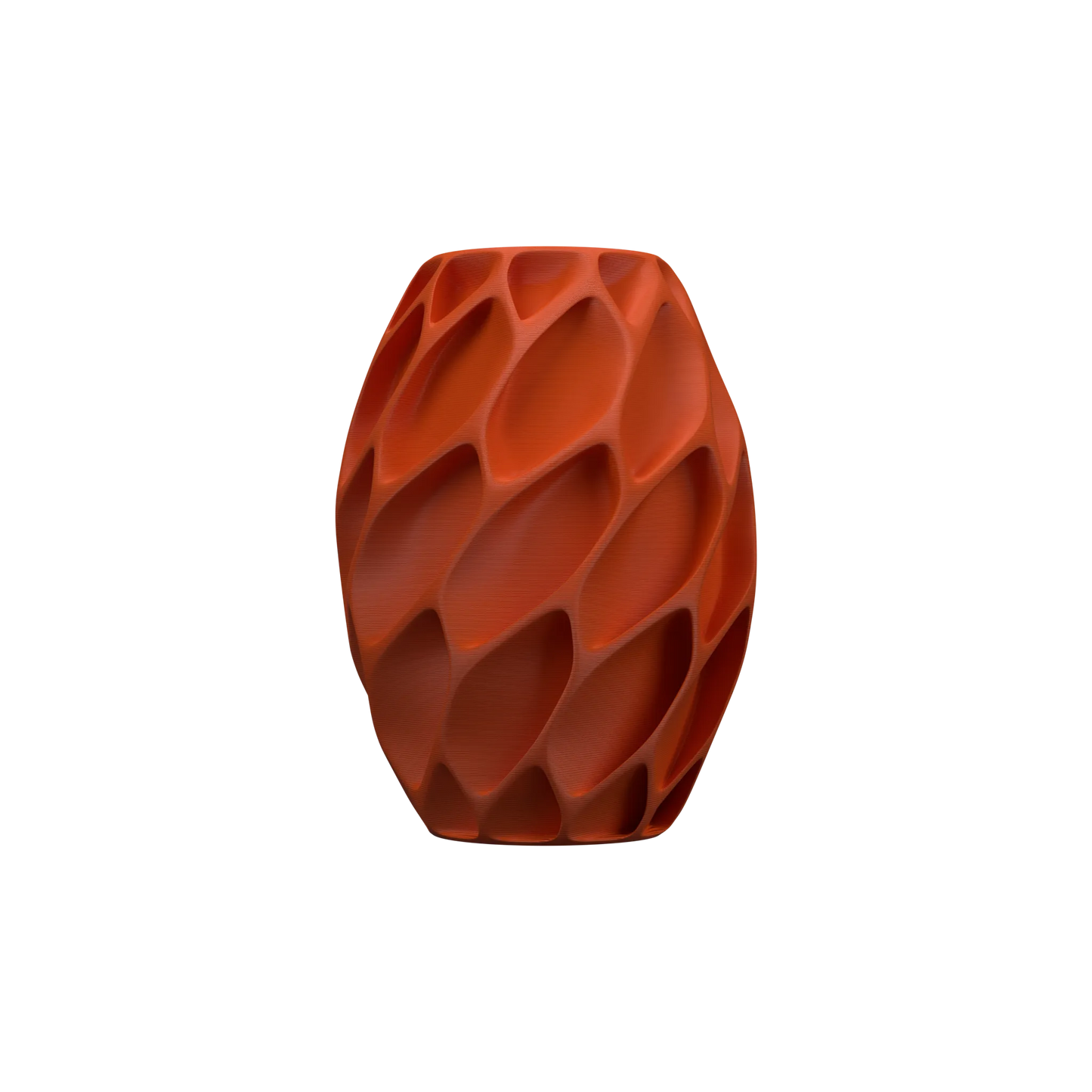 Vase orange en forme ovale avec surface sculptée en motifs géométriques creux, design moderne et texturé.