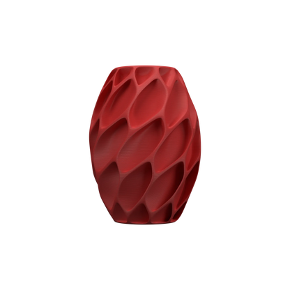 Vase rouge mat aux formes géométriques en relief, design contemporain et structuré, style moderne et étanche.