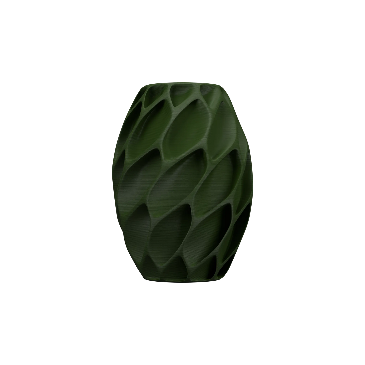 Vase vert foncé mat au design moderne, motifs géométriques sculptés en relief, finition étanche.