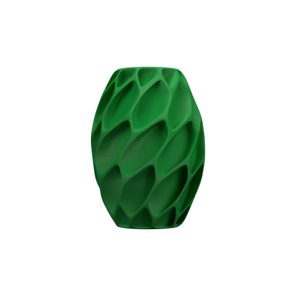 Vase vert en matière mate avec surface ajourée en motifs géométriques organiques, forme ovale arrondie, design moderne et.