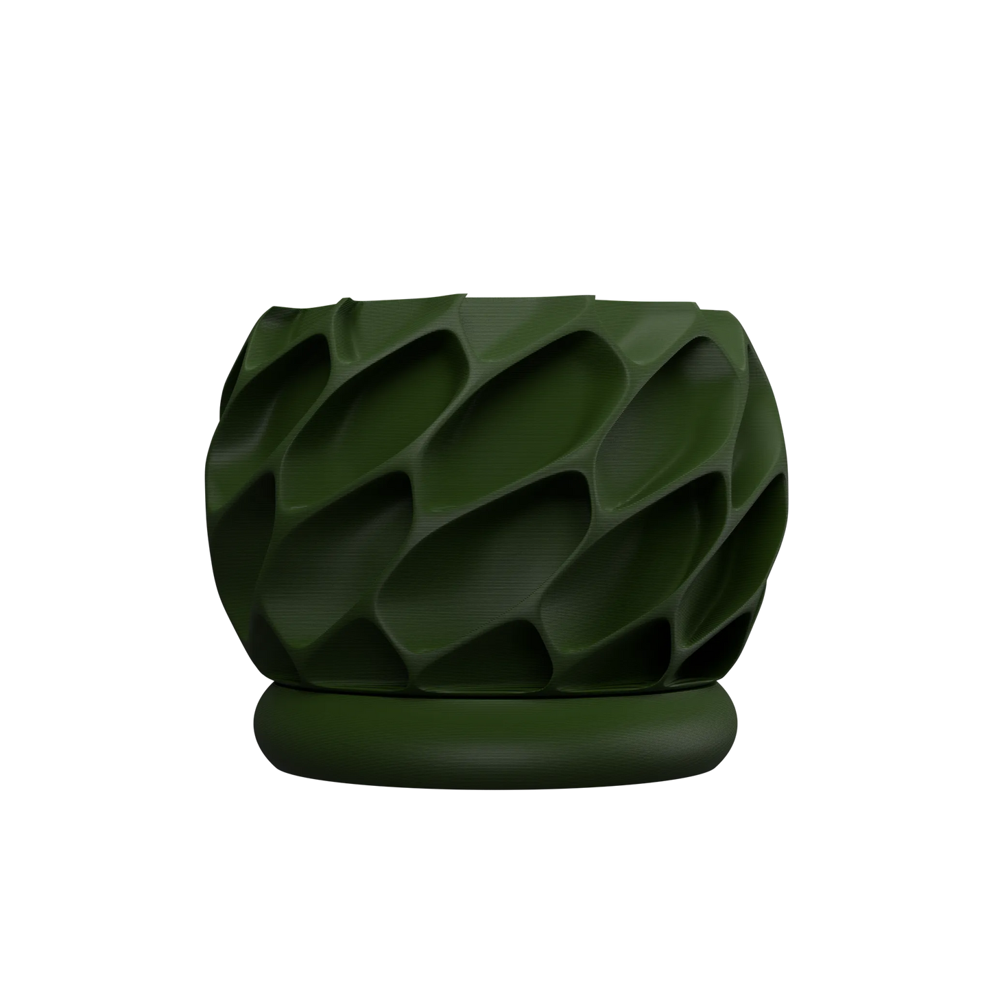 Pot décoratif vert foncé avec surface texturée en motifs géométriques en relief, base ronde assortie.