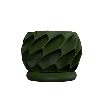 Pot décoratif vert foncé avec surface texturée en motifs géométriques en relief, base ronde assortie.