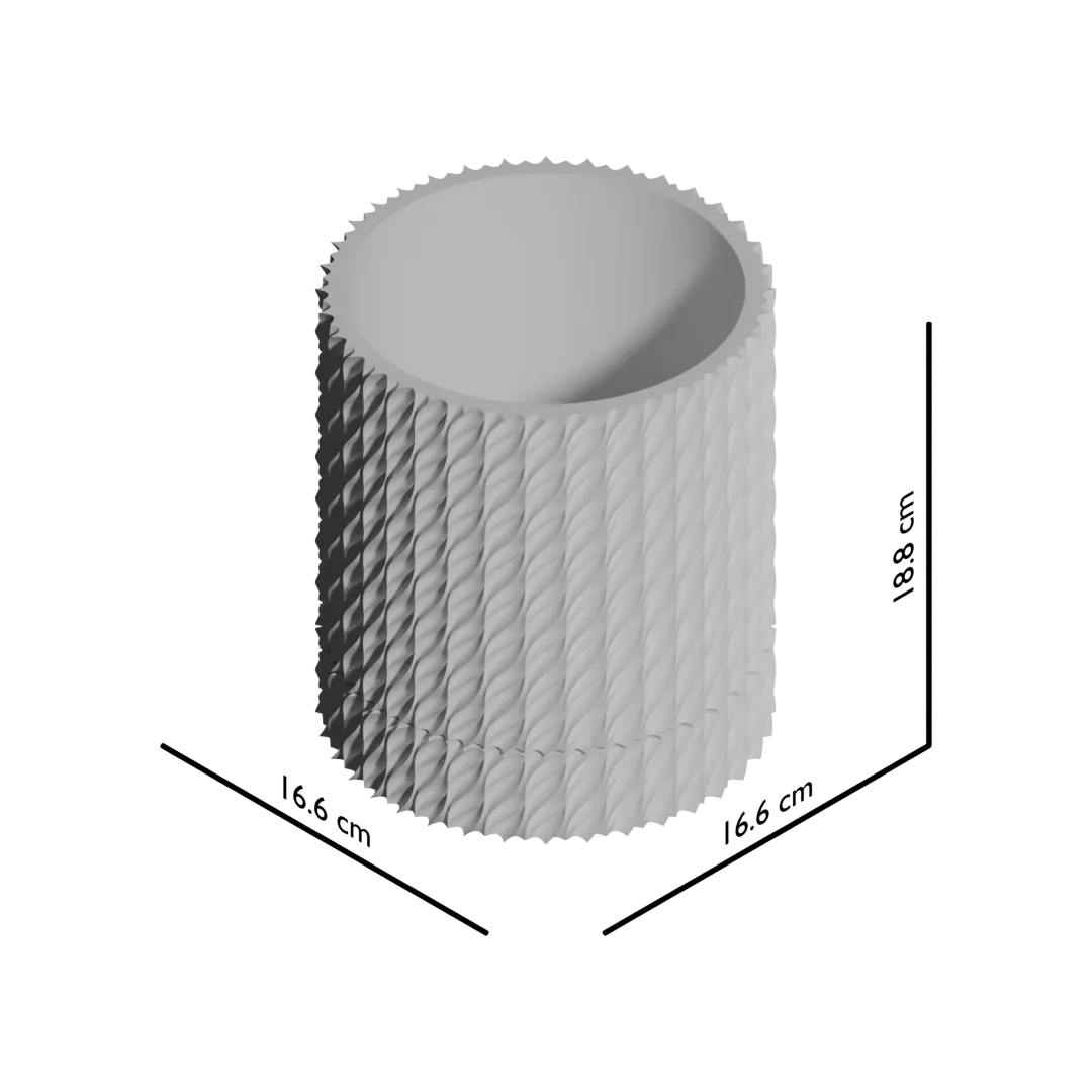 Pot cylindrique gris clair avec surface en relief composée de motifs géométriques tridimensionnels réguliers.